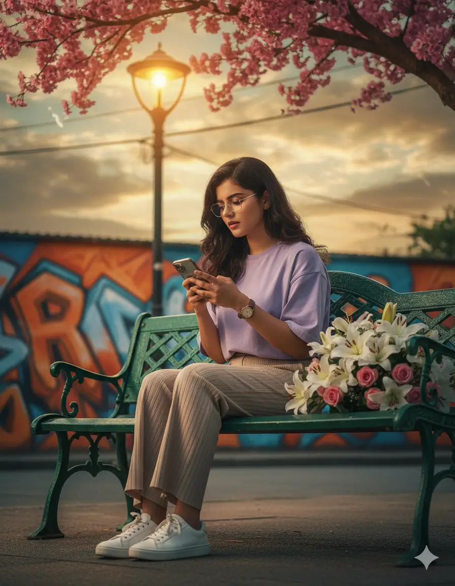 Connected at Sunset: Cinematic Still of Modern Solitude